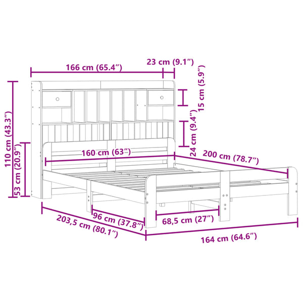 Massivholzbett 160x200 cm mit Regal, Wachsbraun
