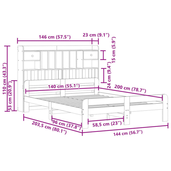 Massivholzbett 140x200 cm mit Regal, Wachsbraun