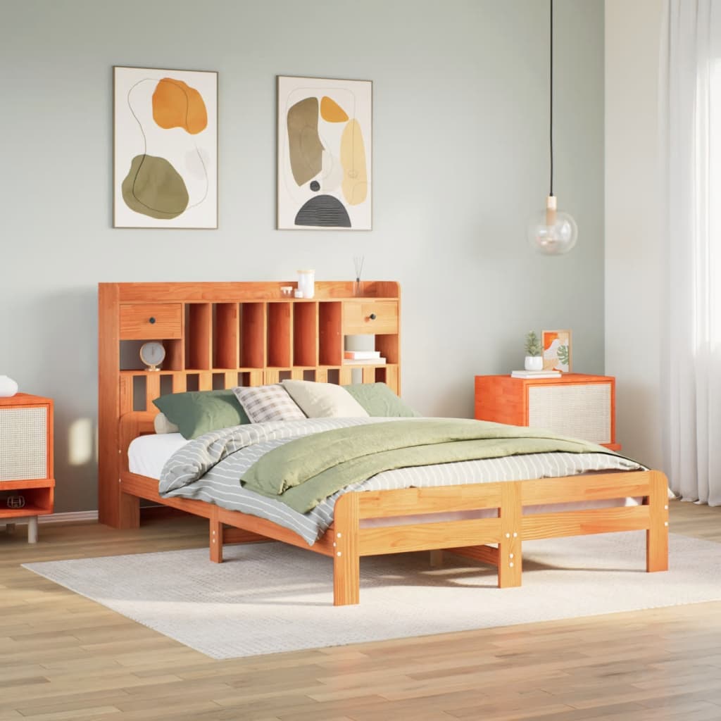 Massivholzbett 140x200 cm mit Regal, Wachsbraun