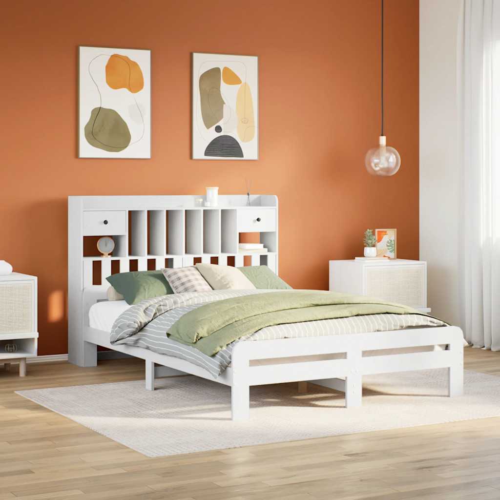 vidaXL Lit en bois massif avec étagère sans matelas Blanc 140x190 cm Pin