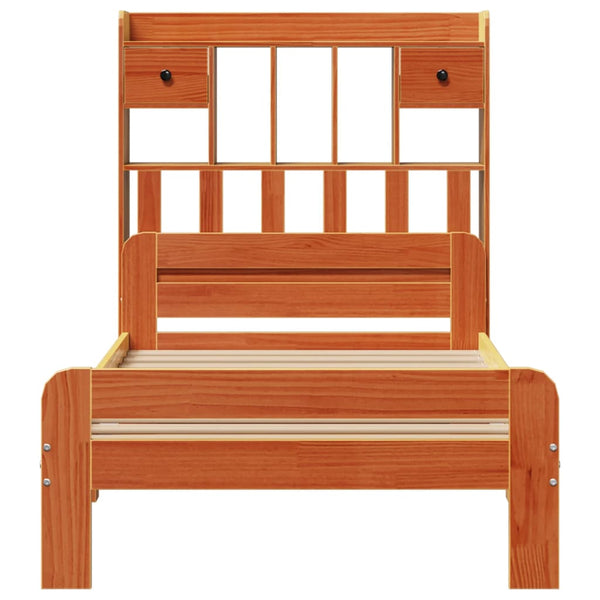vidaXL Lit en bois massif avec étagère sans matelas Marron ciré 75x190 cm