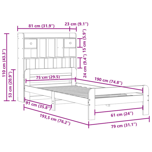 vidaXL Lit en bois massif avec étagère sans matelas Marron ciré 75x190 cm