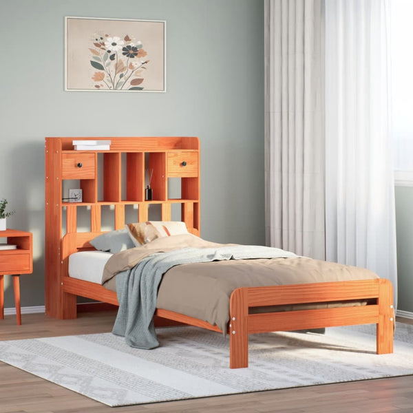 vidaXL Lit en bois massif avec étagère sans matelas Marron ciré 75x190 cm