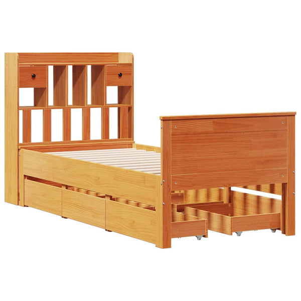 vidaXL Lit en bois massif avec étagère sans matelas Marron ciré 100x200 cm