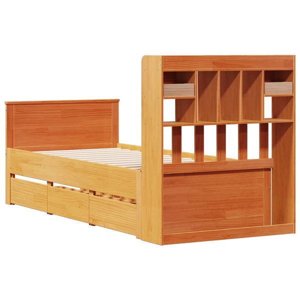 vidaXL Lit en bois massif avec étagère sans matelas Marron ciré 100x200 cm