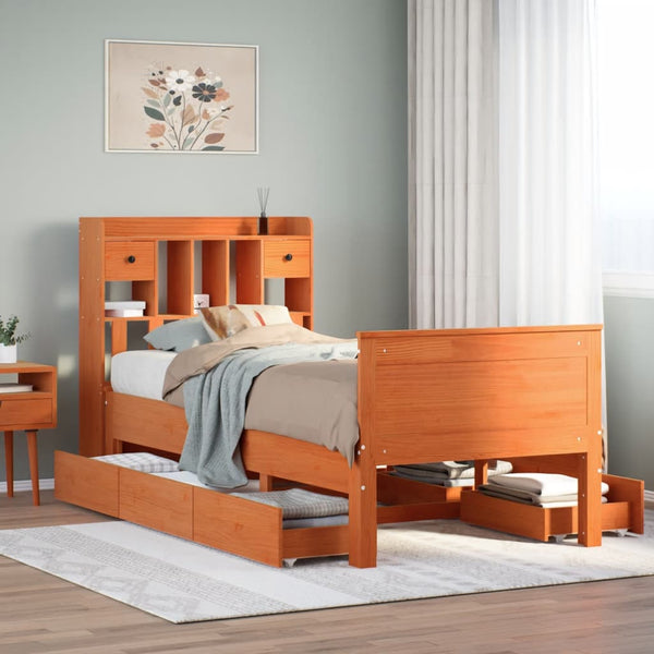 vidaXL Lit en bois massif avec étagère sans matelas Marron ciré 100x200 cm