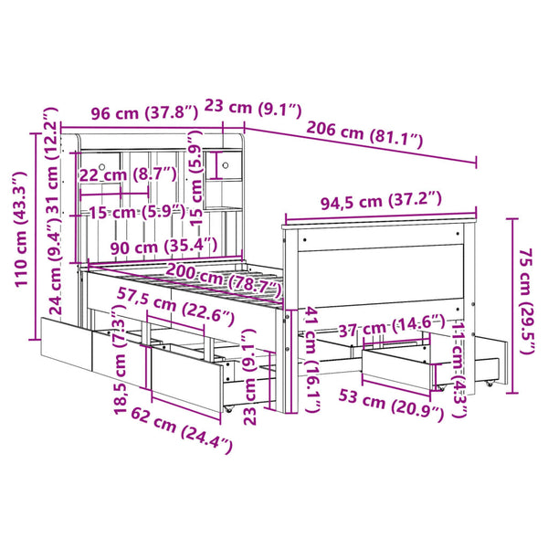 Massivholzbett Kiefer mit Regal 90x200 cm