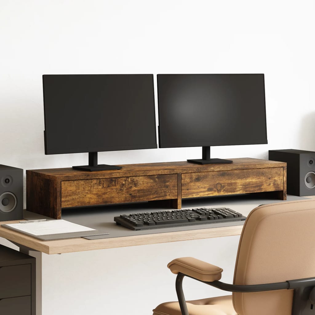 Monitorständer Räuchereiche mit Schubladen 100 cm