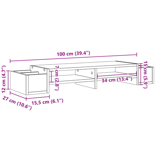 vidaXL Support d'écran avec espace de rangement Gris Sonoma 100x27x15 cm