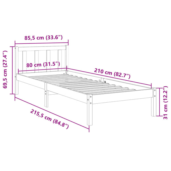 Extra Langes Massivholzbett 80x210 Weiß Kiefer