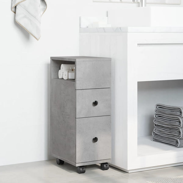 Schmaler Badschrank mit Rollen, Betongrau