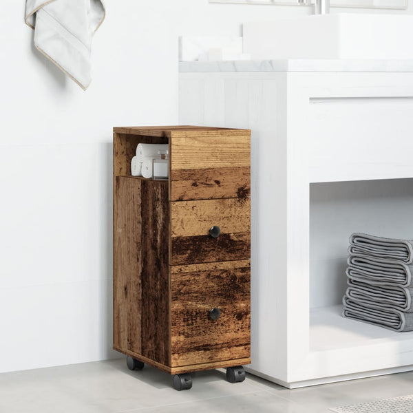 Schmaler Badschrank mit Rollen Altholz-Optik