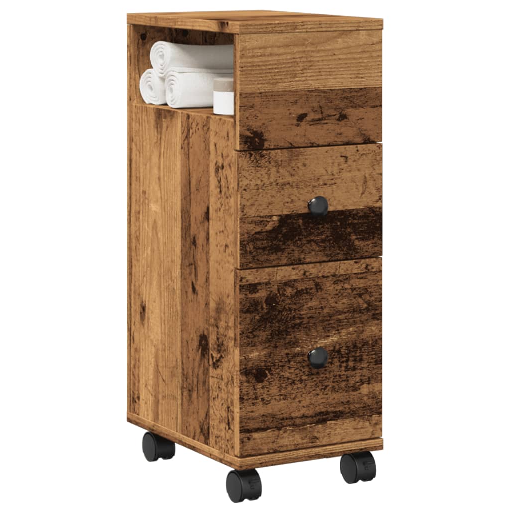 Schmaler Badschrank mit Rollen Altholz-Optik