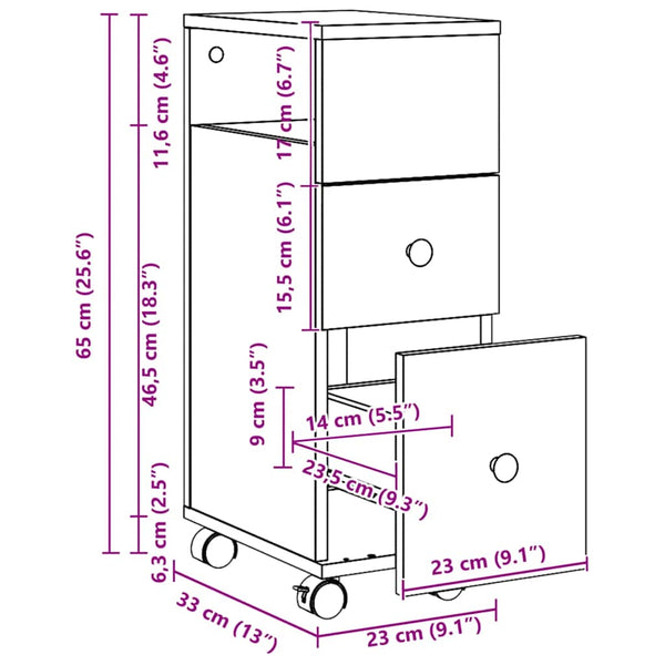 Schmaler Badschrank mit Rollen Eiche