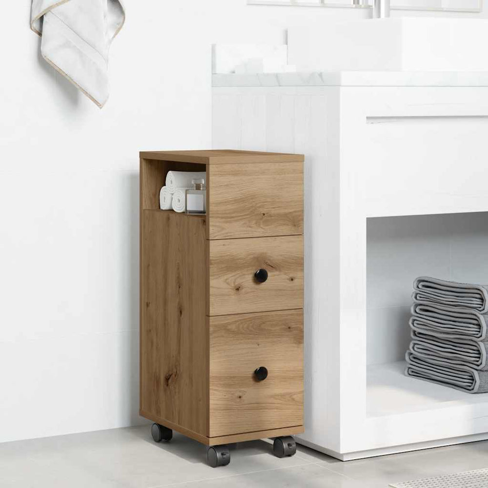 Schmaler Badschrank mit Rollen Eiche
