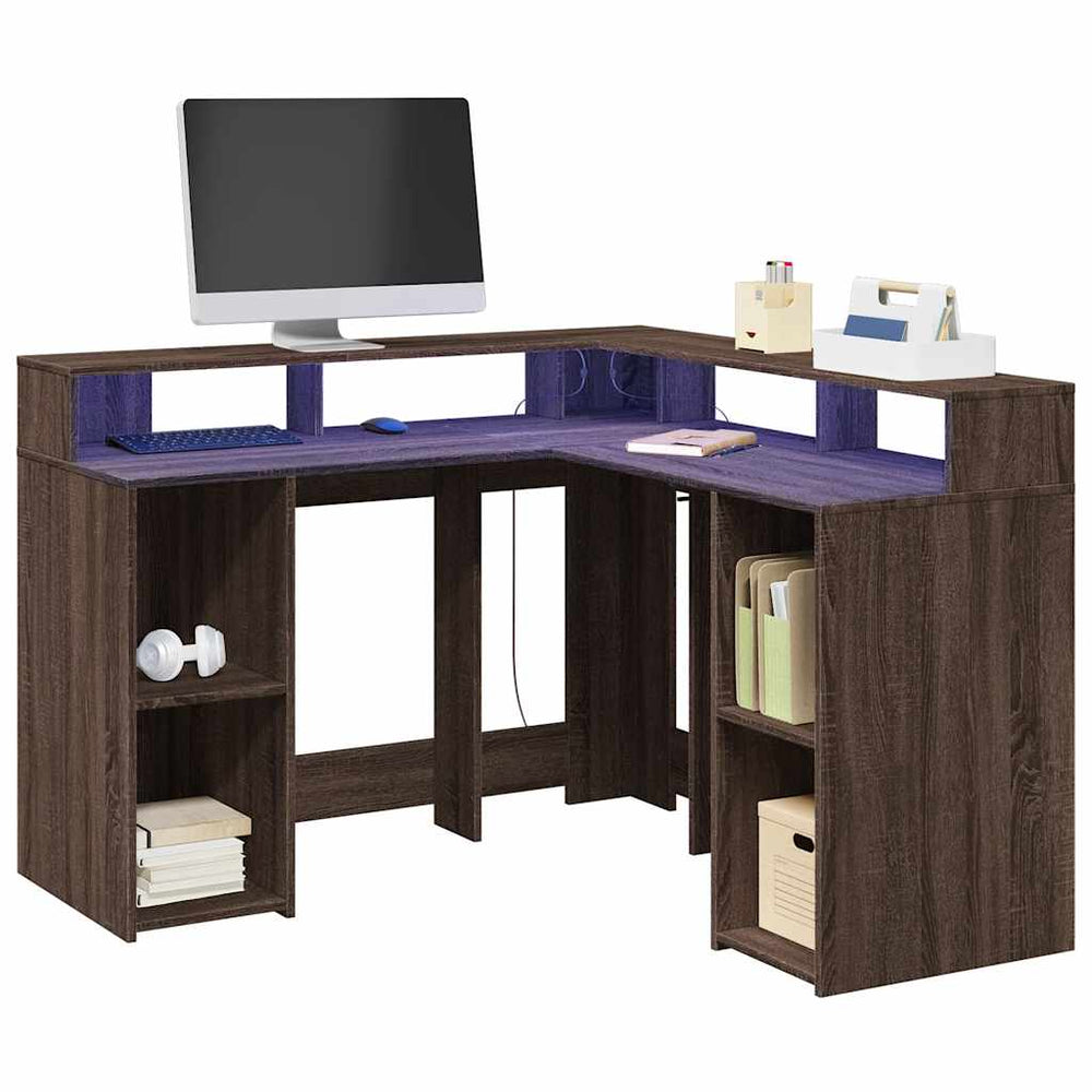 LED-Schreibtisch Braun Eichen-Optik 130x130 cm