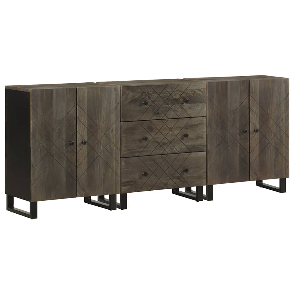 3er Set Sideboards Schwarz Mango Massivholz 60x33x75cm