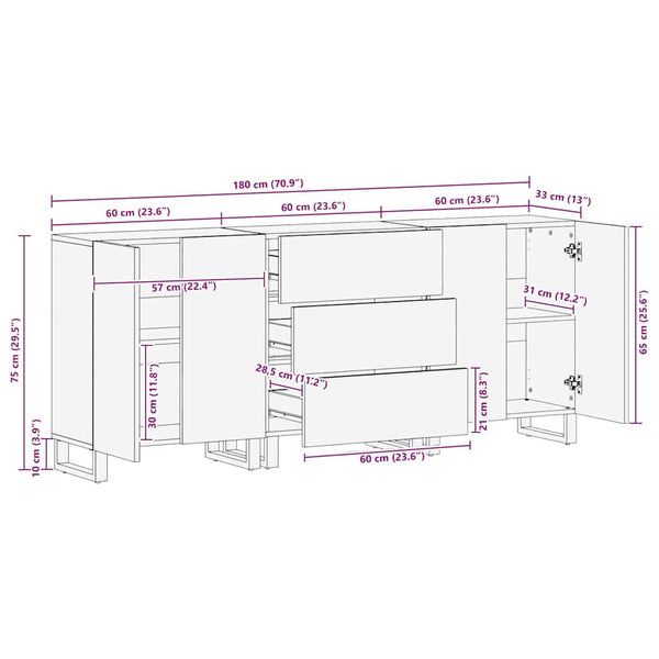 3er Set Sideboards Schwarz Mango Massivholz 60x33x75cm