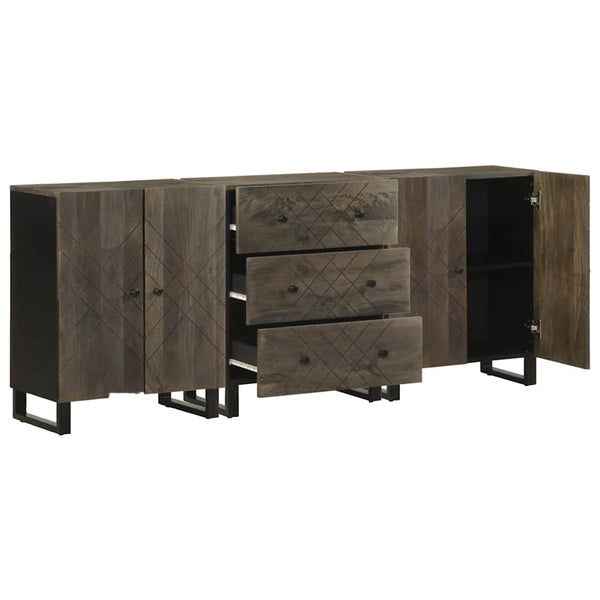 3er Set Sideboards Schwarz Mango Massivholz 60x33x75cm