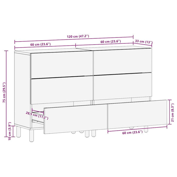 Akazienbraunes Sideboard, 2-teilig, 60x33x75cm