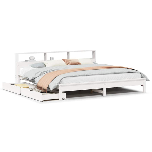Massivholzbett Kiefer mit Regal 200x200 cm Weiß