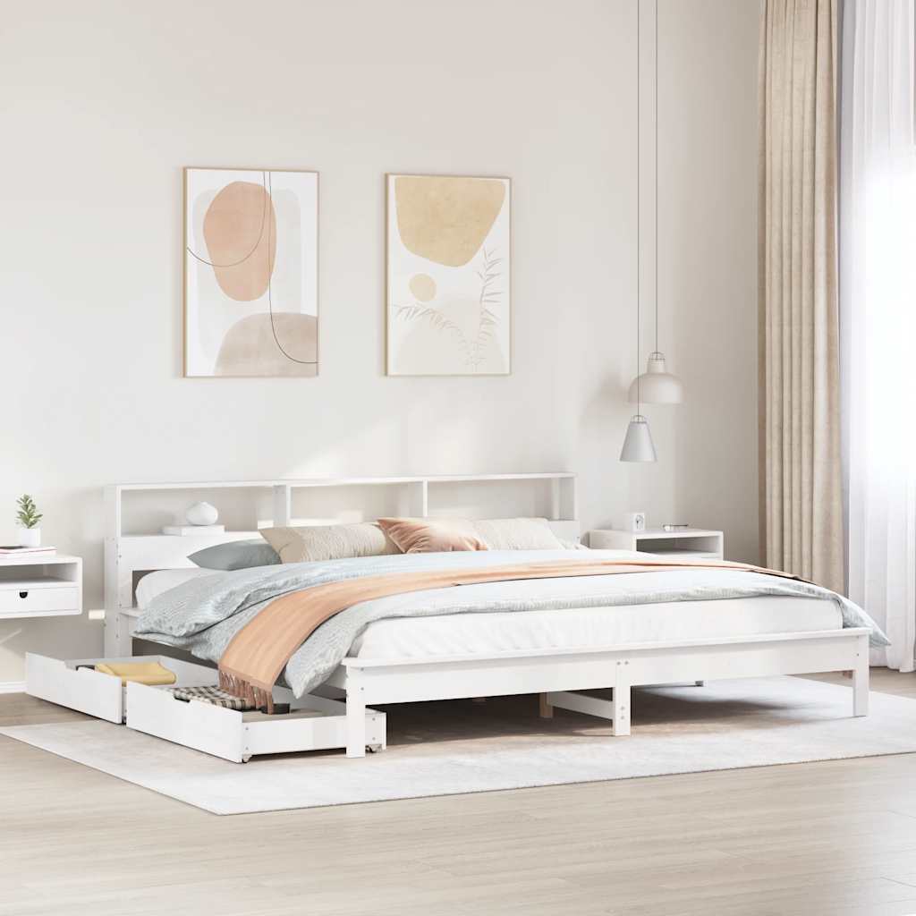 Massivholzbett Kiefer mit Regal 200x200 cm Weiß