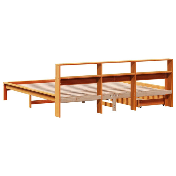 Massivholzbett 200x200 mit Regal Wachsbraun