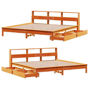 Massivholzbett 200x200 mit Regal Wachsbraun
