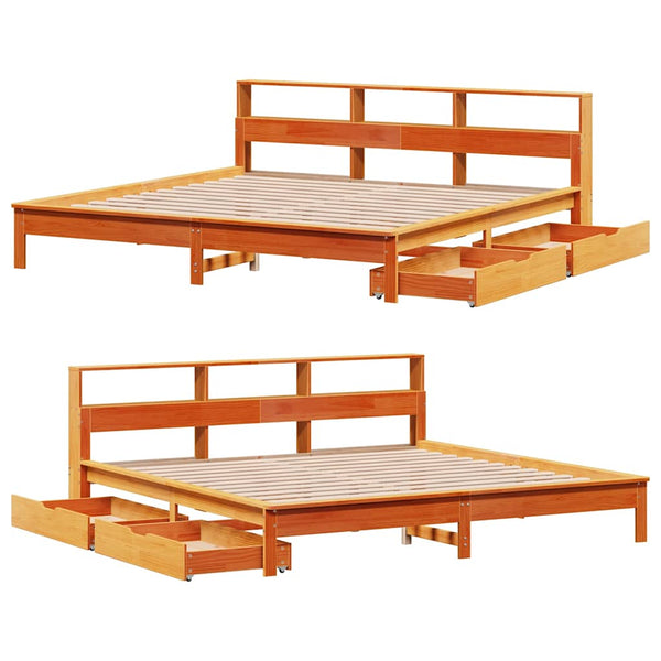 Massivholzbett 200x200 mit Regal Wachsbraun