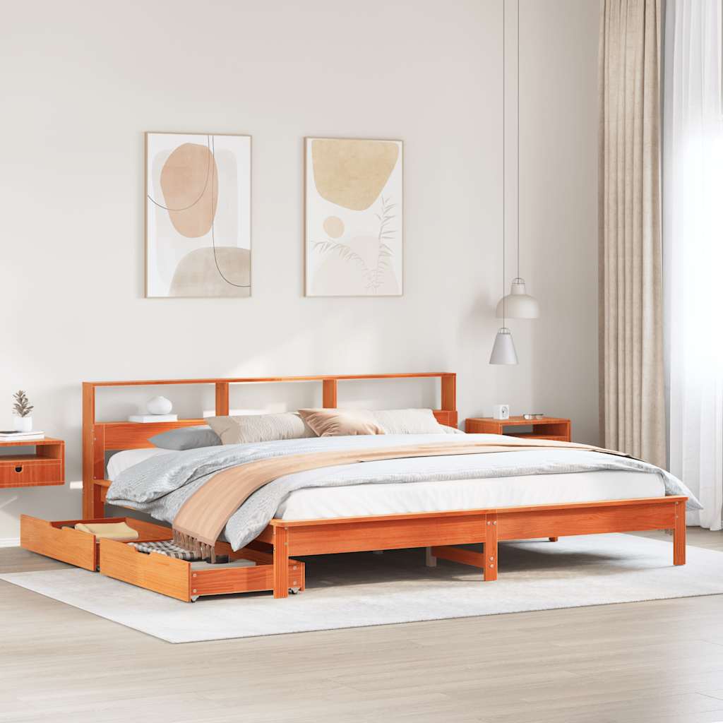 Massivholzbett 180x200 cm mit Regal Wachsbraun