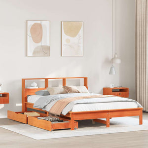 Massivholzbett 120x200 cm mit Regal, Wachsbraun