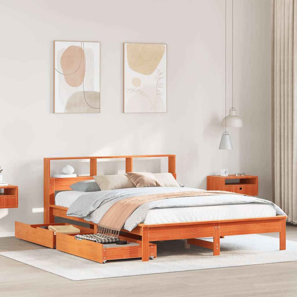 Massivholzbett 120x200 cm mit Regal, Wachsbraun