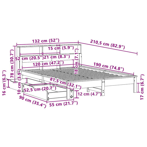 vidaXL Lit en bois massif avec étagère sans matelas 120x190 cm Pin