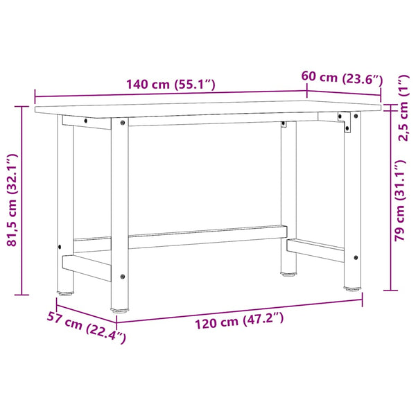Werkbank Eiche Massivholz 140x60 cm