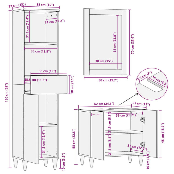 Massivholz Mango Badezimmerschrank Set 3-teilig