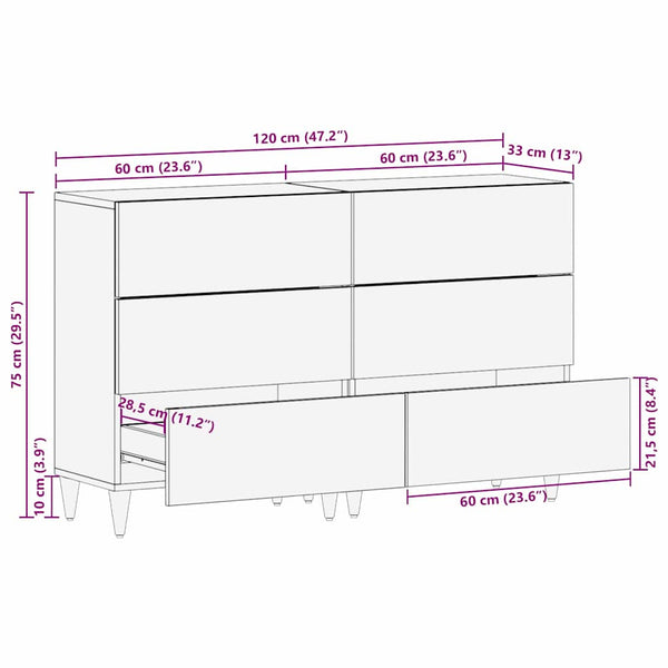Sideboard Grau Massivholz Mango 60x33x75cm 2er Set