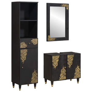 Schwarzes Mango Massivholz Badezimmerschrank-Set, 3-teilig