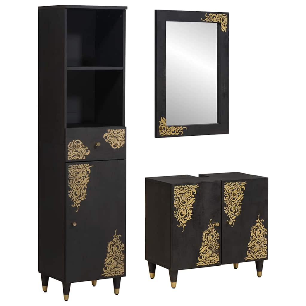 Schwarzes Mango Massivholz Badezimmerschrank-Set, 3-teilig