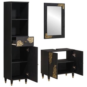 Schwarzes Mango Massivholz Badezimmerschrank-Set, 3-teilig