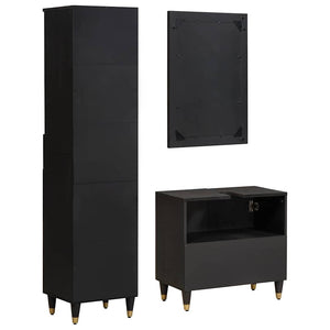 Schwarzes Mango Massivholz Badezimmerschrank-Set, 3-teilig