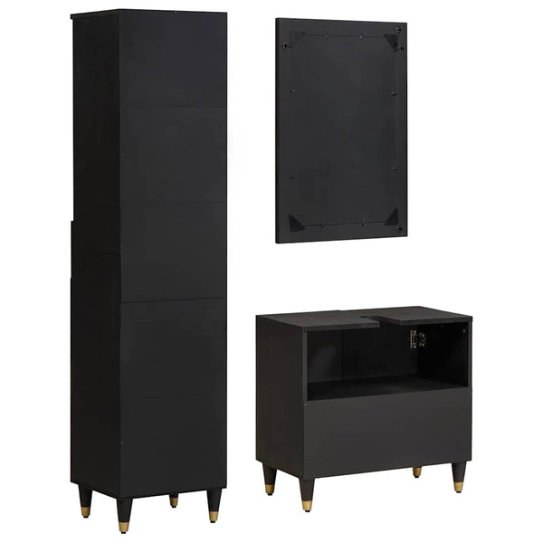 Schwarzes Mango Massivholz Badezimmerschrank-Set, 3-teilig
