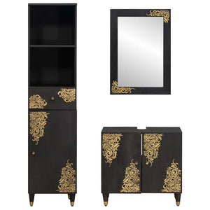 Schwarzes Mango Massivholz Badezimmerschrank-Set, 3-teilig