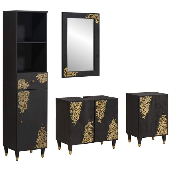 Badezimmerschrank-Set Schwarz Mango Massivholz 4-teilig
