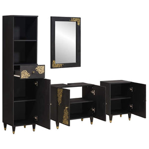 Badezimmerschrank-Set Schwarz Mango Massivholz 4-teilig