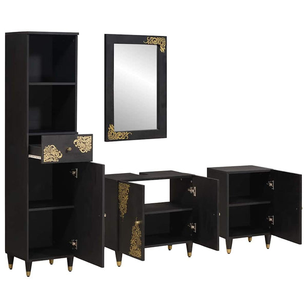 Badezimmerschrank-Set Schwarz Mango Massivholz 4-teilig