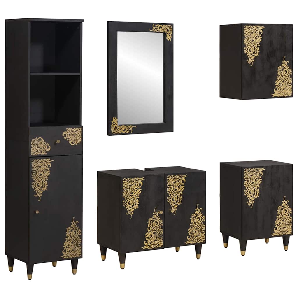 Schwarzes Badezimmerschrank Set Mango Massivholz 5-teilig