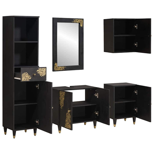 Schwarzes Badezimmerschrank Set Mango Massivholz 5-teilig