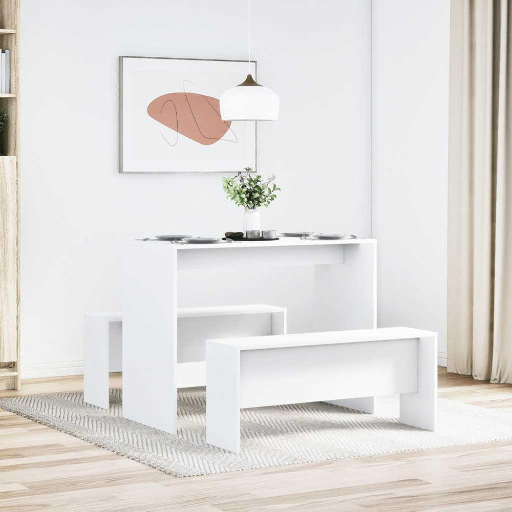 3-tlg. Esstisch Set mit Bank, Weiß