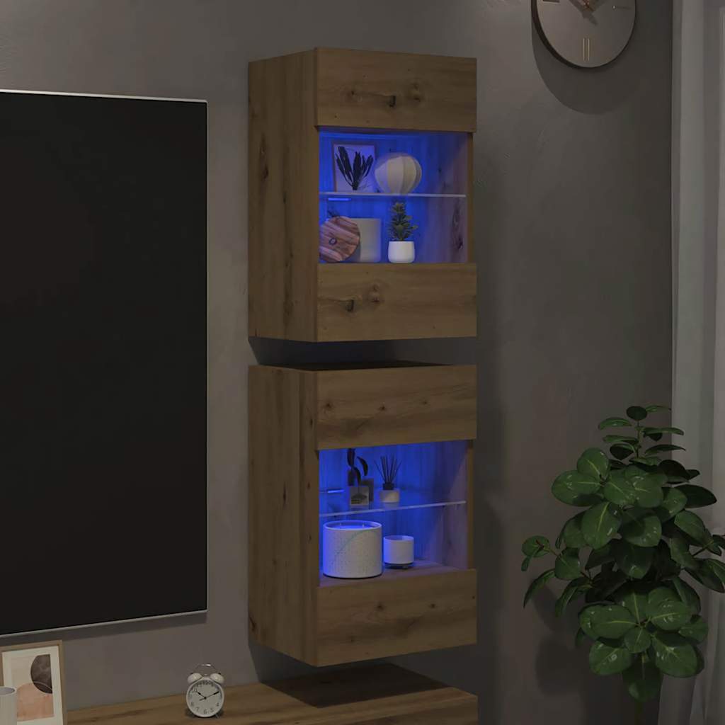 Wandschränke mit LED für TV, 2er-Set Eiche