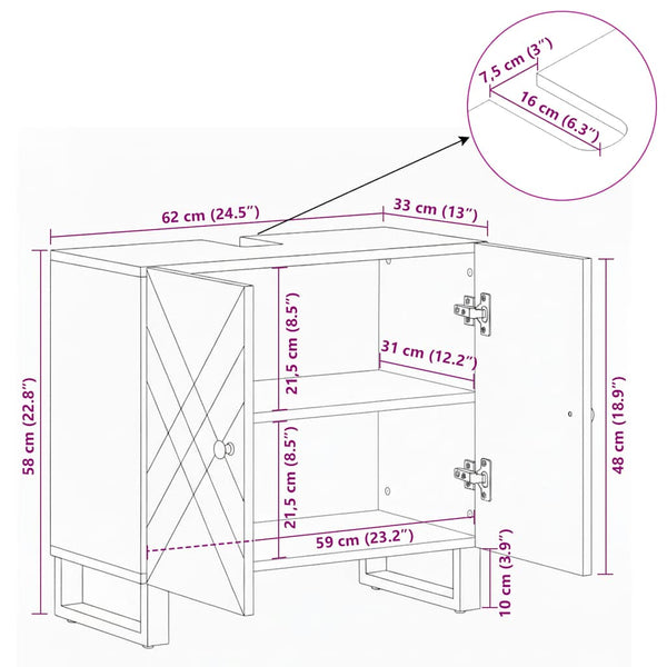 Waschbeckenunterschrank Schwarz Massivholz Mango 62x58cm